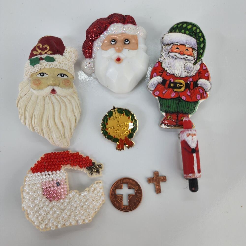 Lot Of 6 Christmas Holiday Brooch Lapel Pins Plastic Beaded Santa Face Penny